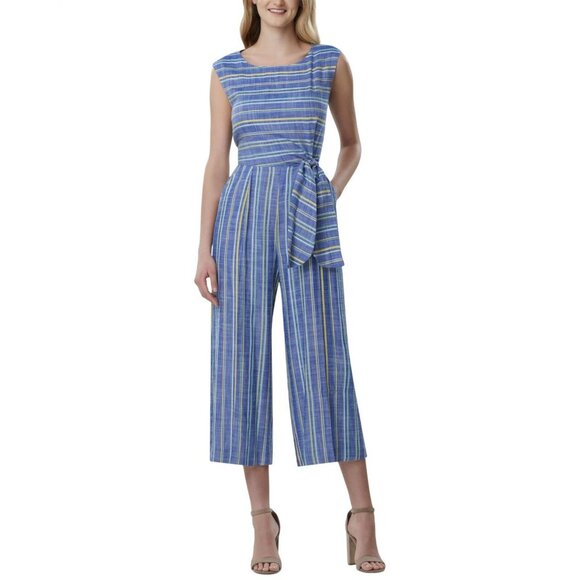 Tahari ASL Womens Striped Cropped Jumpsuit TLMU9WR515 12 Ivory Blue - Picture 5 of 7